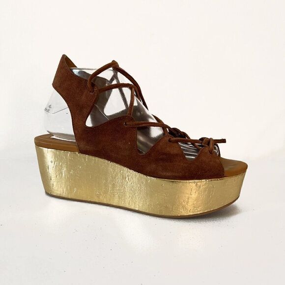 See by Chloe Liana Brown Suede Gold Platform Lace Up Sandals - Picture 2 of 8